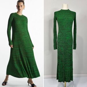COS Mélange Ribbed Midi Dress Green Textured Pleated Knit XS–S Stretch
